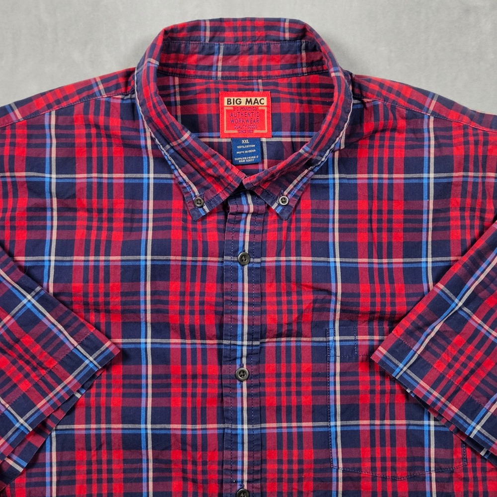 JC Penney Big Mac Shirt Mens XXL Red Plaid Short Sleeve Button Down Workwear Y2K